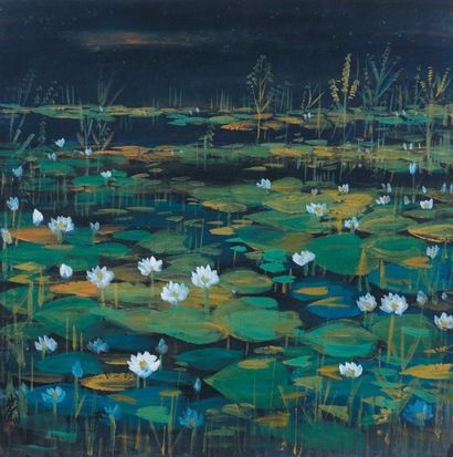 LIN FENGMIAN (1900-1991) Mare aux lotus Encre et couleurs sur papier. Signé en bas...