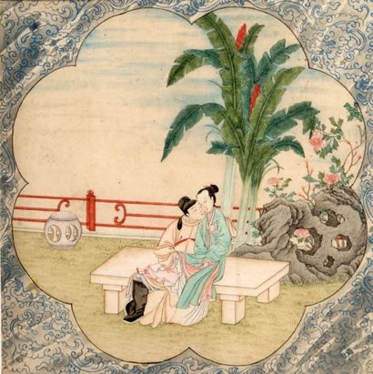 CHINE-XVIIIE SIÈCLE Ink on paper, couple sitting on a bench in a garden under the...