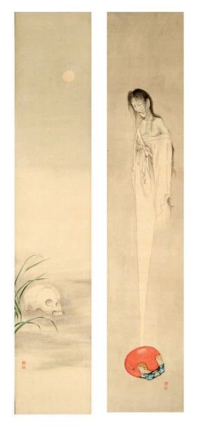 JAPON-XIXe siècle 丝绸上的一对水墨画，鬼魂和骷髅。有签名和两个印章。尺寸56 x 10.5厘米。裱在角门上。