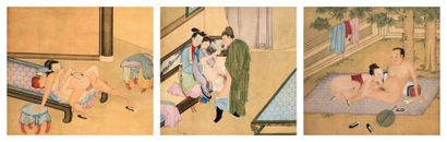 CHINE-XIXe siècle 三幅丝绸上的情色画，开苞的场景；床上的情侣在做爱；花园里的恋人在练习快乐的第一个果实。尺寸：26.6 x 28.3厘米。参考资料：Bertholet收藏，"Rêves...