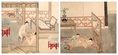 CHINE-XIXe siècle 两幅情色画，室内场景，一幅是一对夫妇之间的亲密厕所，另一幅是描绘一个女人在床上打瞌睡，一个男人掀开她的衣服。尺寸：30.4 x...