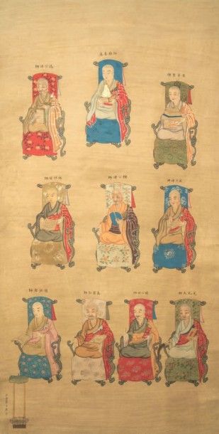CHINE-XIXe siècle 纸上水墨和彩色画，描绘了为佛教仪式而坐的十位神祗。尺寸125 x 64,5厘米（污点）。