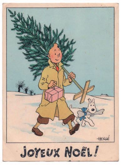 null Carte Neige 1. «Tintin et Milou marchent avec un sapin et un os». Mention Joyeux...