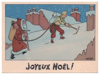null Carte Neige 3. «Tintin et le Père Noël escaladent un toit». Mention Joyeux Noël....
