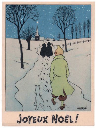null Carte Neige 5. «Tintin et Milou marchent vers une église». Mention Joyeux Noël....