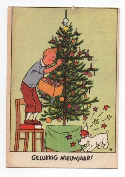 null Carte Neige 6a. «Tintin décore le sapin de Noël...» Mention Gelukking Niewjaar...