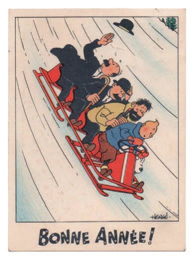 null Carte Neige 10. «Tintin et ses amis en bobsleigh». Mention Bonne Année. Sans...