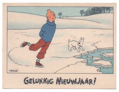 null Carte Neige 11. «Tintin patine près de l'étang gelé». Mention Gelukkig Niewjaar...