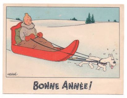 null Carte Neige 13. «Tintin sur un traineau tiré par Milou». Mention Bonne Année....