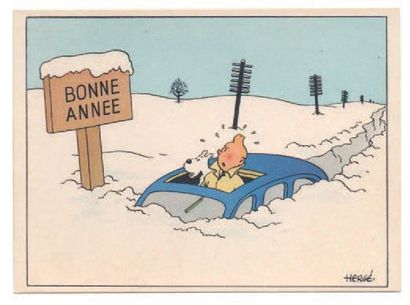 null Carte Neige 14. «Tintin et Milou dans une voiture bloquée par la neige». Sans...