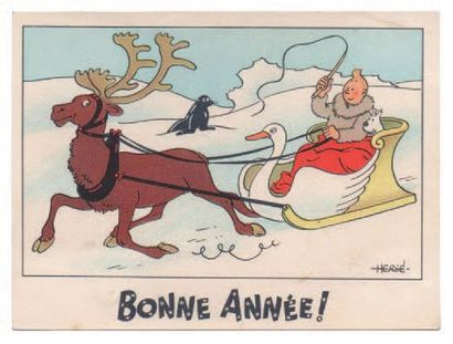 null Carte Neige 17. «Tintin et Milou sur un traineau en forme de cygne». Mention...