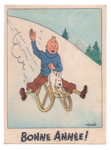 null Carte Neige 18. «Tintin et Milou sur une luge». Mention Bonne Année ! Sans nom...