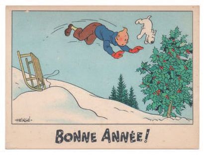 null Carte Neige 20. «Tintin et Milou projetés de leur luge». Mention Bonne Année....