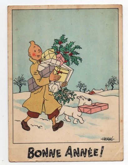 null Carte Neige 23. «Tintin et Milou portent des cadeaux». Mention Bonne Année....