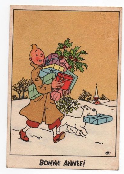 null Carte Neige 23. «Tintin et Milou portent des cadeaux». Mention Bonne Année....