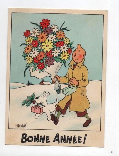 null Carte Neige 25. «Tintin porte un gros bouquet de fleurs». Mention Bonne Année....