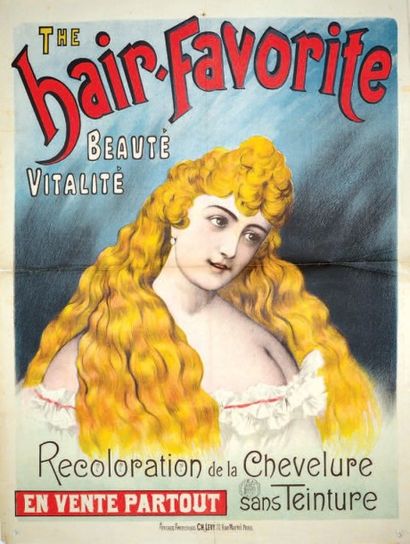 null THE HAIR FAVORITE Recoloration de la chevelure AA - 1892 Affiche française pliée...