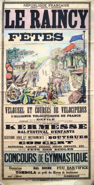 null LE RAINCY Couses de Vélocipèdes. 1886. Affiche française pliée en bon état....