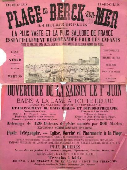 null PLAGE DE BERCK-SUR-MER Circa 1890. Affiche française pliée en état moyen. Quelques...