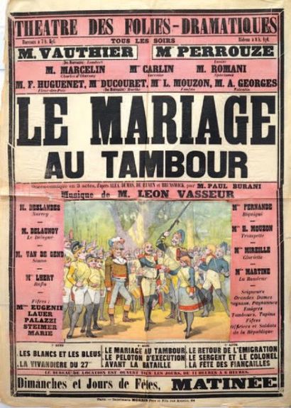 null LE MARIAGE AU TAMBOUR D'après Alexandre DUMAS. 1885. Affiche française pliée...