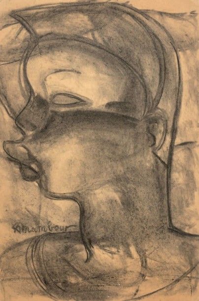 MAMBOUR Auguste (1896-1968) Tête d'africain Fusain sur papier signé. 35 x 23,5 c...