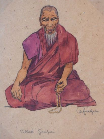 LAFUGIE Léa (1890-1972) Moine tibétain en lévitation à Tiské Aquarelle signée en...