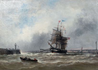 CLAYS Paul Jean (1819-1900) Avant port au trois mâts barque Huile sur toile. 38 x...
