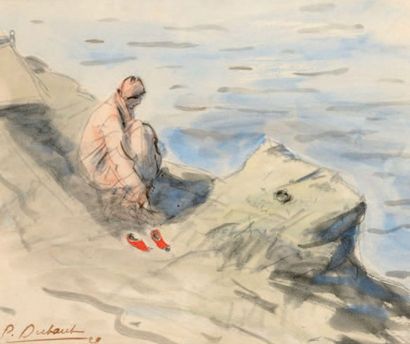 DUBAUT PIERRE (1886-1968) Femme assise au bord de mer, 1929 Aquarelle sur papier...