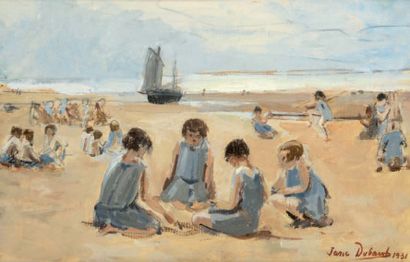 DUBAUT Jane (1885-1970) Enfants jouant sur la plage, 1931 Gouache sur carton signée...