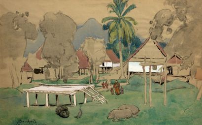 BOUCHAUD Jean (1899-1977) Ban Namone Laos, 1925 Aquarelle gouachée signée en bas...
