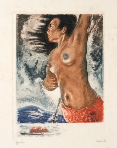 GRES Serge (1899-1970) Tahitienne au paréo rouge Lithographie contresignée en bas...