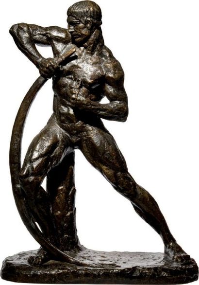 Henri BARGAS (XXème) Ulysse bandant son arc Bronze à patine brune signé sur la terrasse...