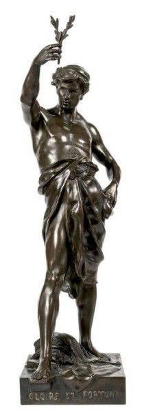 Émile Louis PICAULT (1833-1915) Gloire et Fortune Sculpture en bronze patine verte,...