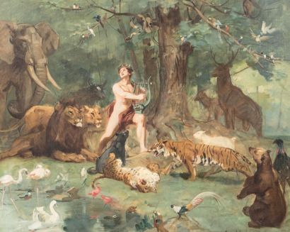 Gustave SURAND (1860-1937) Orphée charmant les animaux - 1904 Huile sur toile (acc.)...
