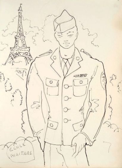 Jean BOULLET (1921-1970) Ecole Militaire Encre de chine et crayon sur papier Dim:...