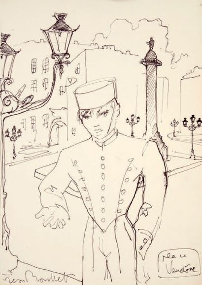 Jean BOULLET (1921-1970) Place Vendôme Encre de chine et crayon sur papier. Signée...