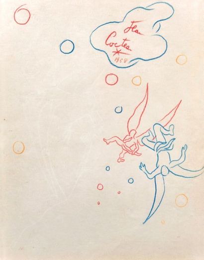 Jean COCTEAU (1889-1963) La chute des anges rebelles - 1958 Dessin aux crayons bleu,...