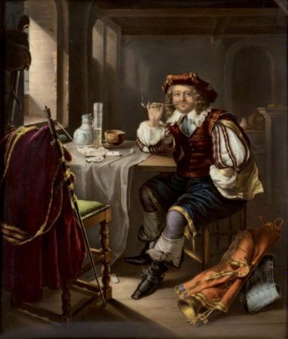 null Polychrome porcelain plate representing a seated musketeer. In the Dutch taste...
