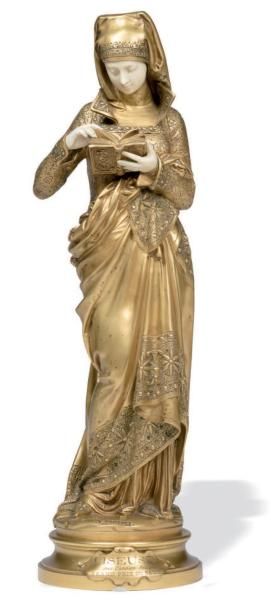 CARRIER-BELLEUSE Albert Ernest (1824-1887) La liseuse Chryselephantine雕塑，签名、标题和标记...