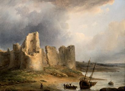 Théodore GUDIN (1802-1880) Barques de pêche près d'un château en ruine Huile sur...