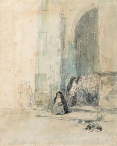 Eugène BOUDIN (1824-1898) Sortie de messe en Bretagne - Circa 1867-1870 Aquarelle...