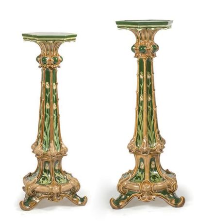 BOHEME Pair of fine earthenware sheaths with green and brown decoration of plants....