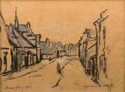 Maxime MAUFRA (1861-1918) Guémené-sur-Scorff - 1913 灰纸上的水彩和水洗。签名，日期和位置。23 x 36厘米...