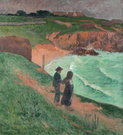 Henry MORET (1856-1913) Couple regardant la mer, côte de Clohars-Carnoët - 1894 Huile...