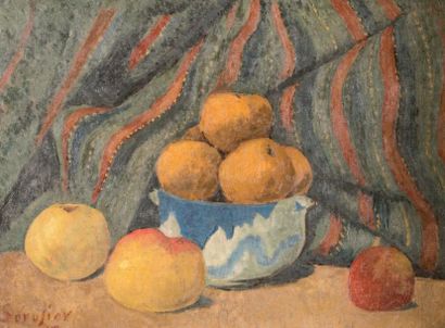Paul SERUSIER (1864-1927) Pommes fond rayé - 1912 Huile sur toile. Signée et datée...