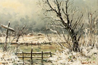 Robert L.P LAVOINE (1916-1999) Neige sur le Morin - 1958 布面油画 右下方有签名和日期 背面有签名、日期和位置...