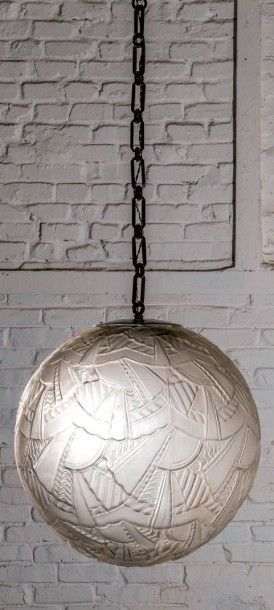 Marius-Ernest Sabino (1878-1961) 
Ball chandelier - About 1925
White molded/pressed...
