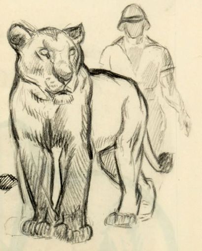 Georges GUYOT (1885-1973) 
Panther and man
Charcoal and pencil on paper.
Unsigned.
=...