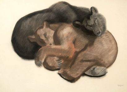 Georges GUYOT (1885-1973) 
Couple d'ours
Pastel et fusain sur papier, signé en bas...