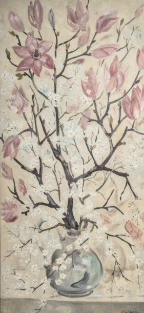 Natalia GONTCHAROVA (1881-1962) 
Magnolias - Circa 1950
Huile sur panneau. Signée...